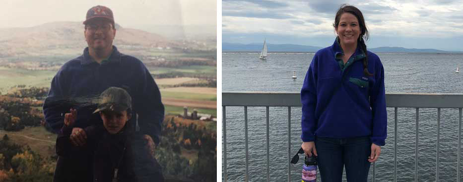 (Left) Jim with son RJ on the top of Rattlesnake Mountain in Vermont, wearing his Patagonia Synch Snap-T fleece. (Right) Daughter Molly wearing the same Patagonia fleece at the Burlington, VT Waterfront.