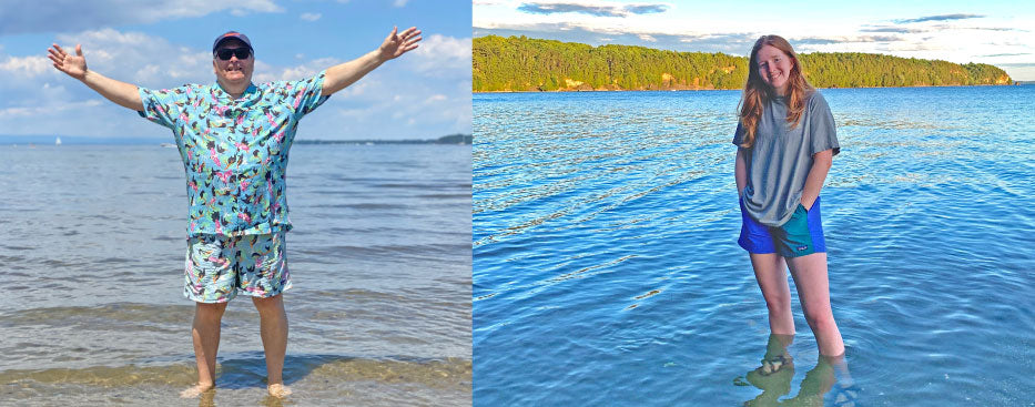 Jim and Kate C. both cool off in Lake Champlain, wearing their favorite piece of summer clothing - Patagonia Baggiest.