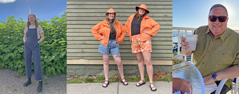 From left to right: Kate C. in Stand Up Women's Overalls; Kelsey and Holly in the Skysail Jacket, Baggies and Baggies Brimmer Hat; Jimbo in the Back Step Men's Shirt.